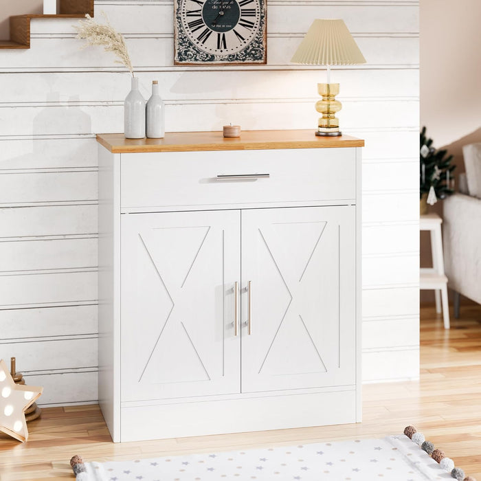Kitchen Buffet Sideboard Cabinet, Wooden Storage Cabinet with 2 Doors & 1 Drawers, Modern Farmhouse Coffee Bar Cabinet with Storage for Living Room, Adjustable Shelf, White&Yellow