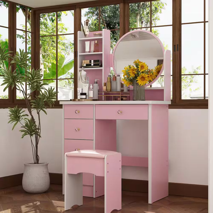 5-Drawers Pink Makeup Vanity Dressing Table Set with Stool, Mirror and Storage Shelves Girls Dressing Table