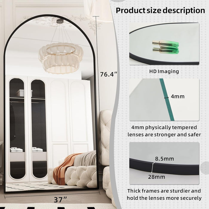 76.4"X37" Arch Full Length Mirror, Large Floor Full Body Tempered Mirror with Aluminum Alloy Frame for Living Room, Bedroom, Gym, Stand or Leaning Wall-Mounted, Black