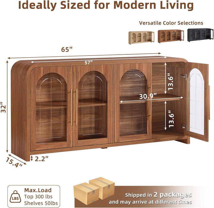 65" Sideboard Buffet Cabinet with Arched Glass Doors, Brown | Modern Wood Sideboard, Spacious Storage Credenza, Adjustable Shelves, Living Room Accent Cabinet, Dining Room & Entryway Use
