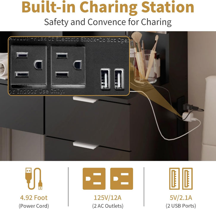 Large Vanity Table Set with 3 Opening Mirrors & LED Lights, Makeup Desk with 9 Drawers, 3 Hidden Cabinets and Charging Sockets, Upholstered Bedroom Stool