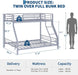 Twin over Full Bunk Bed Frame, Heavy Duty Metal Bunk Beds for Kids/Teens/Adults, 450 Lbs Upper & 500 Lbs Lower Capacity, Slot-Type Assembly, Reversible Ladder, 11.7" Safety Guardrails，Grey