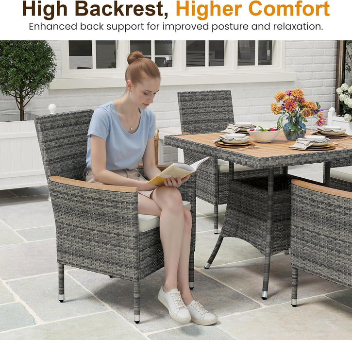 Patio Dining Sets for 4, All Weather Rattan Outdoor Table and Chairs with Acacia Wood Tabletop, Patio Dining Furniture with Removable Cushions for Deck Garden, Backyard, Gray