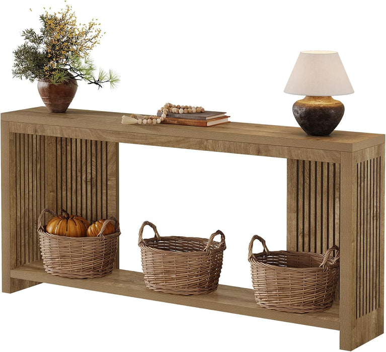 70.9-Inch Long Entryway Table with 2-Tier Storage, Farmhouse Narrow Sofa Console Table with Vertical Stripe Legs, for Entrance, Entryway, Hallway, Foyer, behind the Couch, Brown