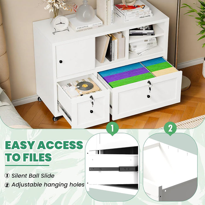2 Drawer Mobile File Cabinet with Lock,Metal Lateral Filing Cabinet with Shelves,Printer Stand with Storage