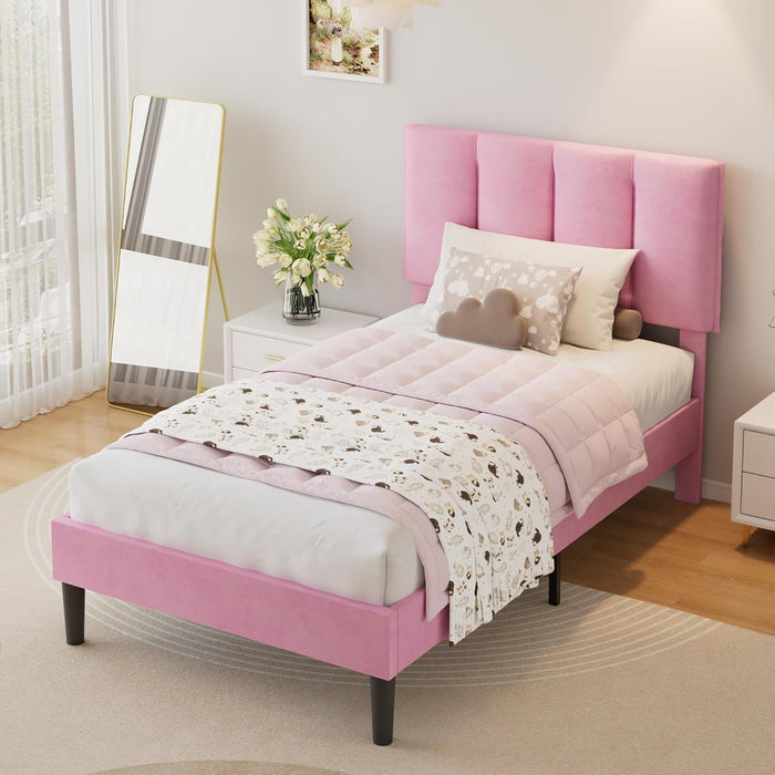 Twin Size Bed Frame with Upholstered Headboard, Velvet & Pink
