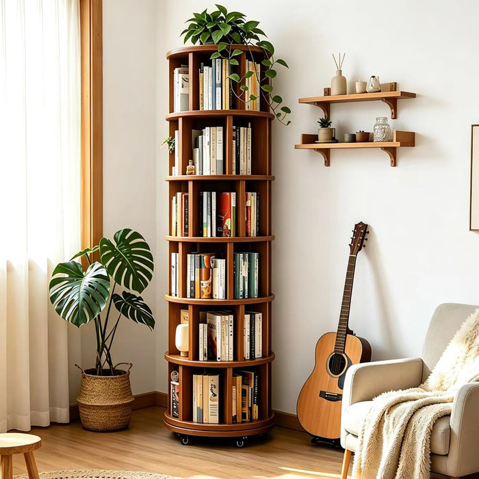 6‑Tier Rotating Bookshelf, Solid Rubber Wood 360° Revolving Bookcase with Lockable Casters, Space‑Saving Tall Storage Shelf for Living Room Bedroom Home Office, Walnut, 17.3"D×17.3"W×78.5"H