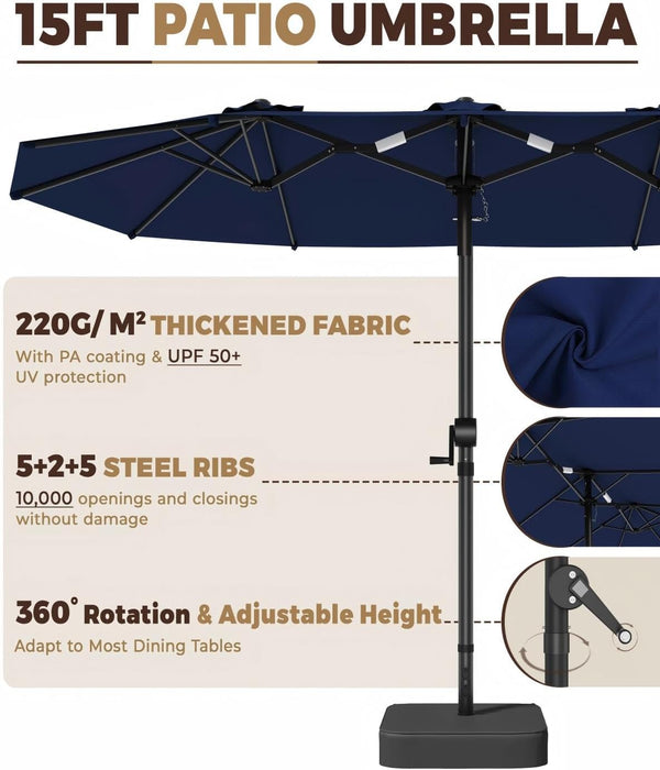15Ft Patio Umbrella with Base Include, Large Outdoor Double-Sided Rectangle Umbrella with Easy Crank Handle for Poolside, Garden & Deck - Navy Blue