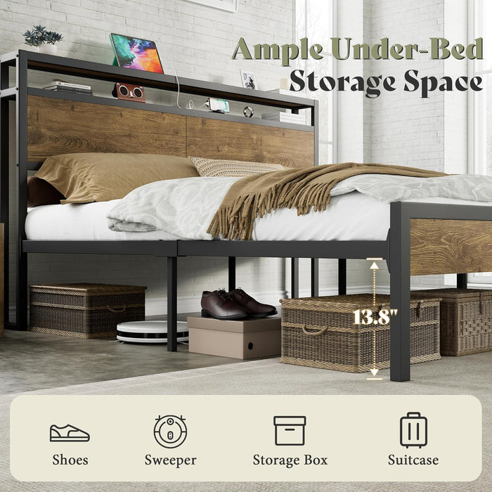 Queen Size Bed Frame with Storage Headboard & Charging Station, Industrial Metal Platform Bed with Large Under-Bed Storage, Heavy Duty Slats, No Box Spring Needed, Rustic Brown