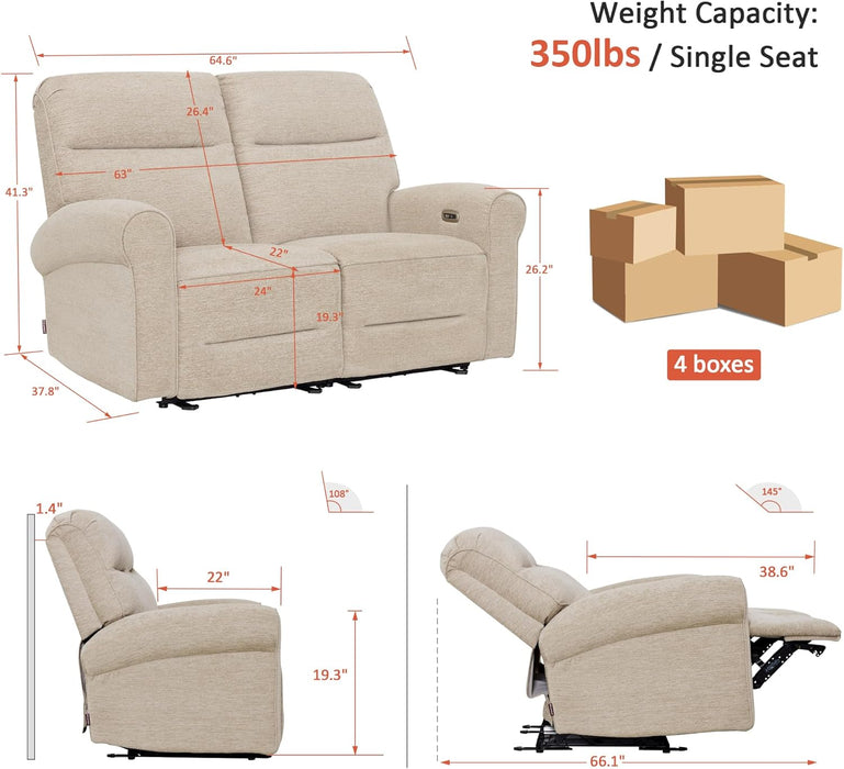 64.6" Wall Hugger Power Loveseat Recliner Sofa with USB Ports, Reclining Loveseat for Small Spaces Living Room RV, Fabric PR635M1 (Beige)