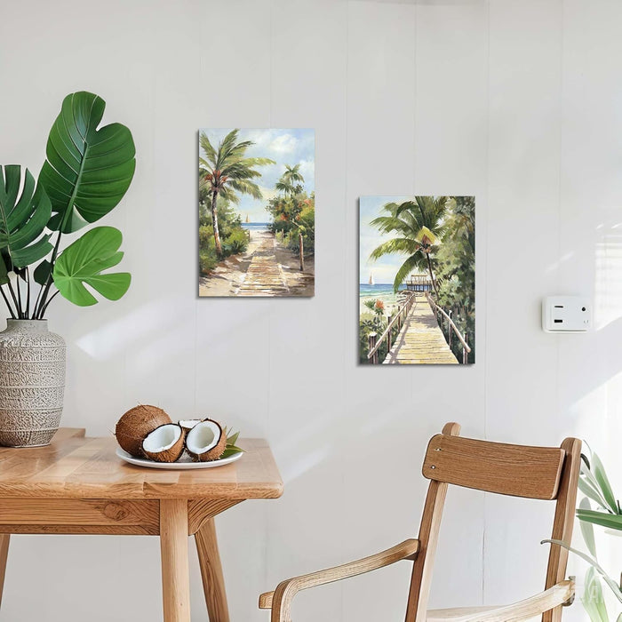Tropical Beach Canvas Wall Art - 2 Piece Palm Tree Painting Coastal Ocean Scenery Pictures Seaside Prints House Decor Artwork for Bedroom