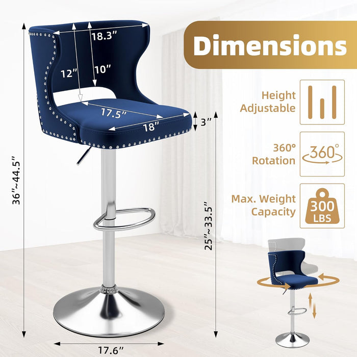 Bar Stools Set of 4, Velvet Swivel Adjustable Barstools with Hollow Back, Rivet Trim and Stable Chrome Base, Upholstered Counter Height Bar Stools for Kitchen Island, Blue