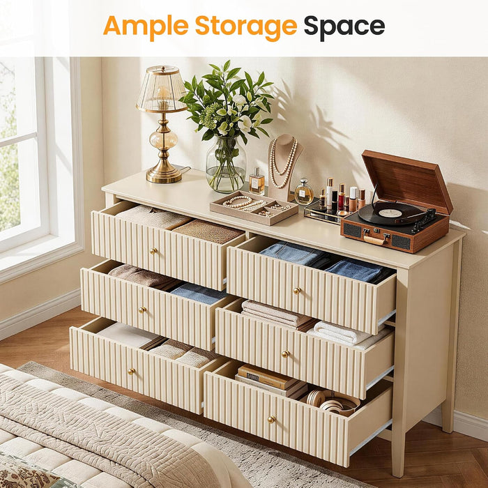 Beige 6 Drawer Dresser, Fluted Modern Wood Chest of Drawers, Long Dresser for Bedroom TV Stand Storage Cabinet for Living Room