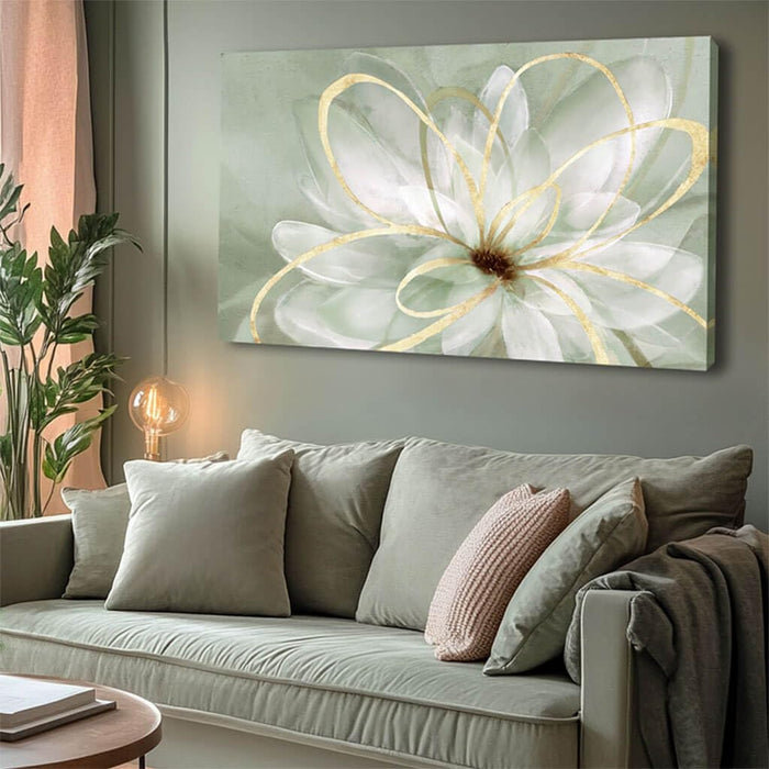 Flower Wall Decor White Blossom Plant Gold Line Canvas Painting Modern Hand Painted Wall Art for Living Room Bedroom Office 29X58 Inch