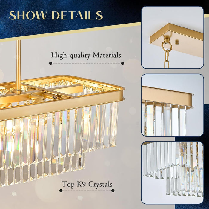 Gold Crystal Chandelier 11 Lights Rectangular Fixture