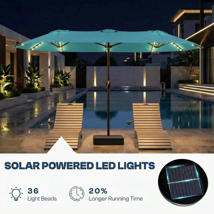 15FT Patio Umbrella with Solar Lights, Double-Sided Extra Large Outdoor Table Umbrella with Base Included, Heavy-Duty 12 Iron Ribs Market Umbrella for Garden, Pool, Backyard, Sky Blue