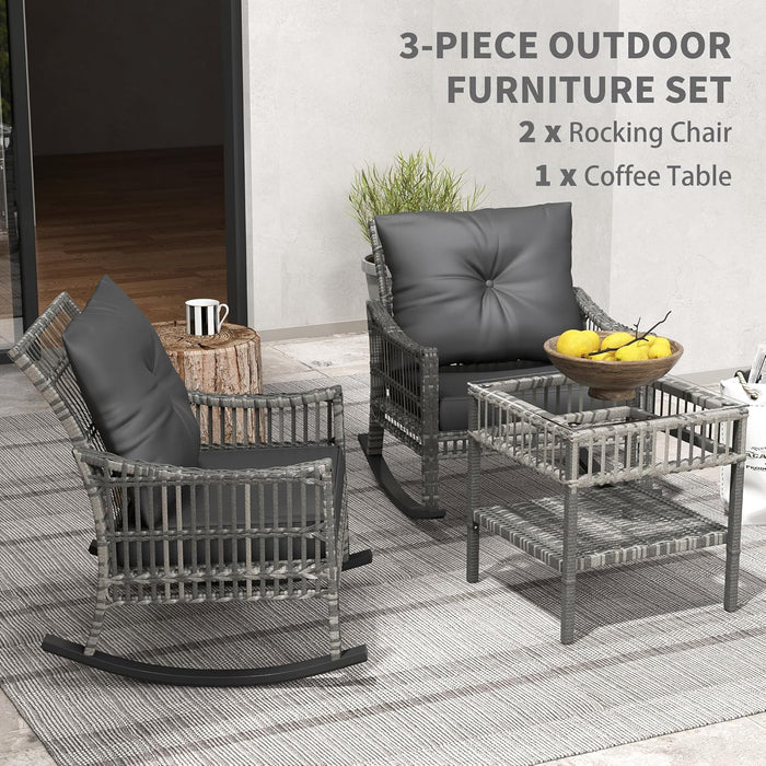Wicker Outdoor Rocking Chair Set, 3 Piece Patio Furniture Set with Padded Cushions and Storage Coffee Table, 2-Seater PE Rattan Bistro Set for Garden Backyard Porch, Gray