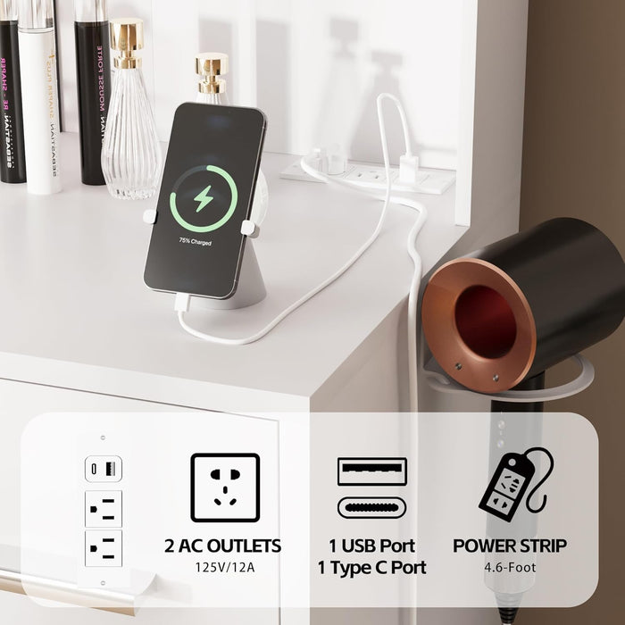 Vanity Desk with Mirror, LED Lights and Power Outlet Makeup Vanity Table with 7 Drawers and 6 Storage Shelves Dressing Table for Bedroom Dressing Room (White)