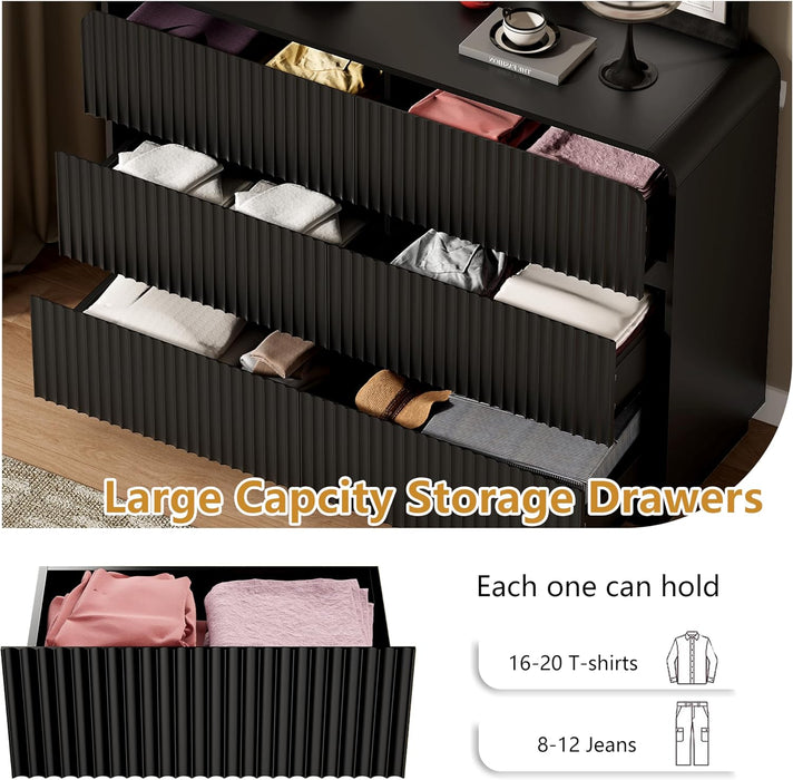 Black Dresser Fluted 6 Drawers Dresser for Bedroom, 47" Wide Wood Chest of Drawers with Hidden Handles & Rounded Corners, Modern TV Stand Storage Cabinet for Living Room, Hallway, Entryway