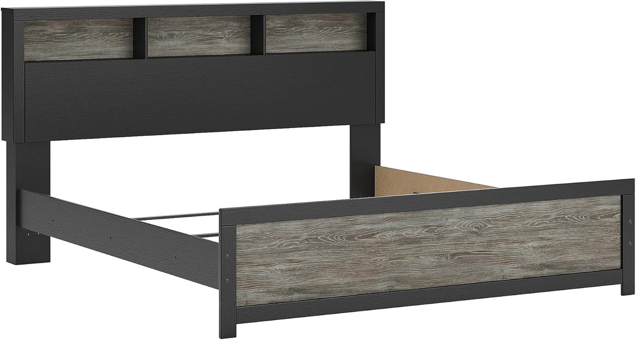 Signature Design by Ashley Jonnifer King Bed Frame with Bookcase Headboard, Storage Cubbies, Engineered Wood and Decorative Laminate, Bedroom Use, Warm Gray and Matte Black