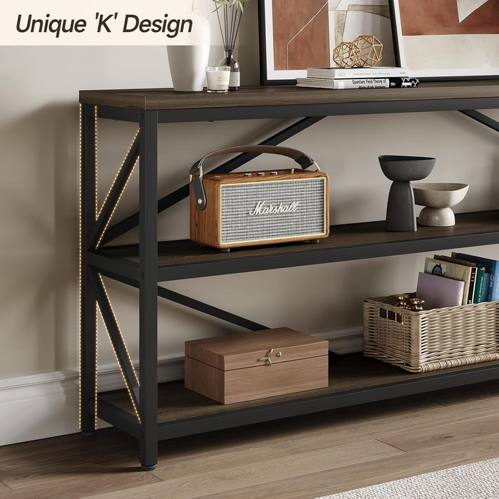 Industrial Console Sofa Table,70.8 Inch Extra Long Entryway Table with 3 Tier Wood Storage Shelf for Living Room, Hallway, Entrance, Narrow Sofa Table with Metal Frame, Black and Brown