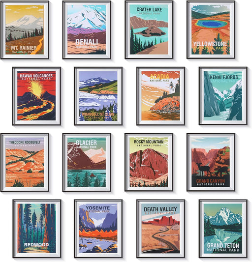 16 Pieces National Park Posters Vintage of 16 Travel Prints Wall Art Abstract Wall Art and Mountain Print Set Abstract Travel Unframed for Living Room Bedroom Bathroom Decor (Vintage Style)