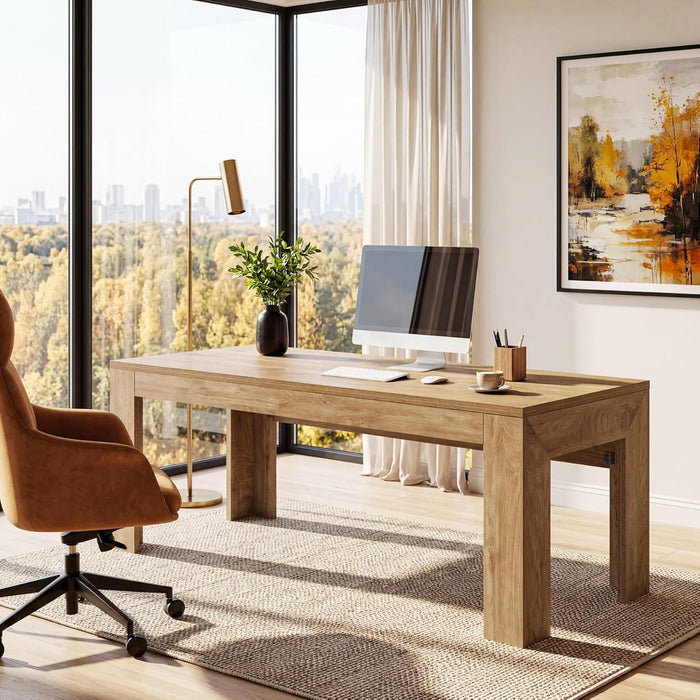 63-Inch Office Desk, Modern Executive Desk with Large Tabletop, Wooden Computer Desk, Long Workstation for Home Office, Light Brown