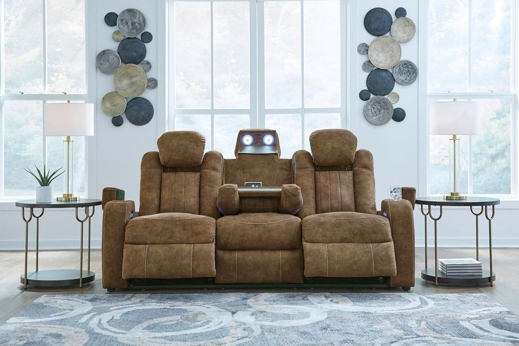 Wolfridge Contemporary Faux Leather Power Reclining Sofa with Drop down Table, LED Lights, Electrical Outlet, Wireless Charging, USB Ports and Cup Holders, Light Brown