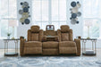 Wolfridge Contemporary Faux Leather Power Reclining Sofa with Drop down Table, LED Lights, Electrical Outlet, Wireless Charging, USB Ports and Cup Holders, Light Brown