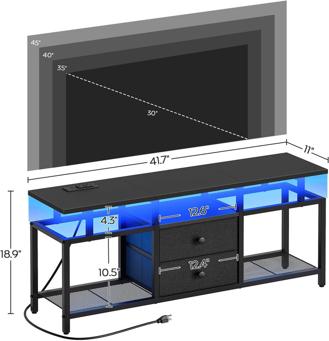 TV Stand with LED Light and Power Outlets, Entertainment Center with Fabric Drawers and Open Shelves, 41.7" TV Cabinet for Tvs up to 45 Inch, Media Console for Living Room, Bedroom, DS03UDBB