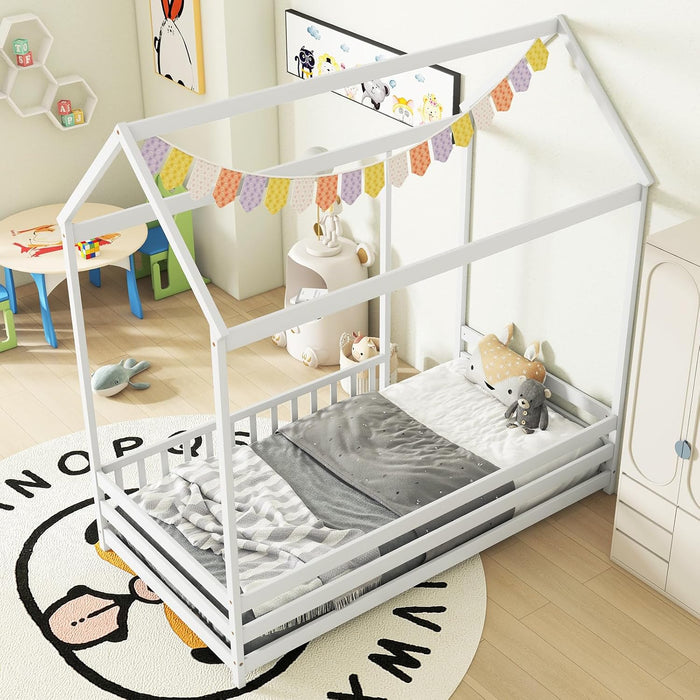 Twin SolidPine Montessori Floorbed White With Roof
