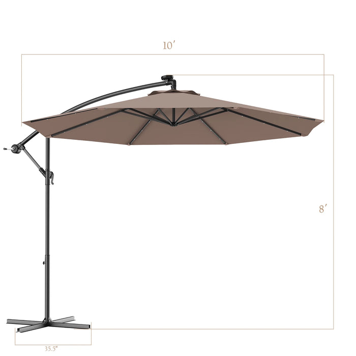 10' Hanging Solar LED Umbrella Patio Garden Sun Shade Offset Market W/Base Tan