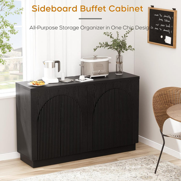 55" Fluted Sideboard Buffet Cabinet with Storage, Wood Mid Century Modern Credenza Cabinet W/Arched Reeded Doors & Adjustable Shelves for Kitchen, Living Room, Entryway, Black