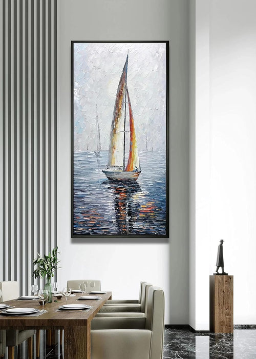 Art,24X48 Inch Modern Abstract Hand Painted Frame Oil Paintings Sailing Boat on the Sea Acrylic Canvas Hanging Painting Living Room Bedroom Wall Art Home Decoration