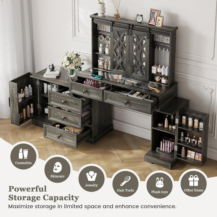 Farmhouse Makeup Vanity with Mirror & Lights, Large Vanity Desk with 5 Drawers & 9 Storage Shelves, Dressing Table with Jewelry Armoire, Vanity Gifts for Wife Girlfriends Women/Lady Girl (Brown)