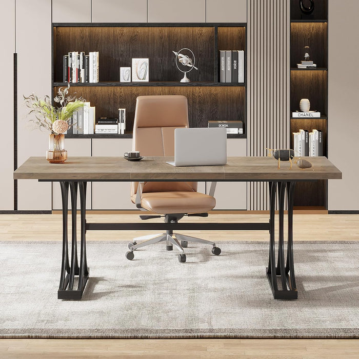 63" Large Office Desk, Modern Executive Desks with Stylish Legs, Wood Computer Desk, Business Furniture Work Desk for Home Office (Grey and Black)