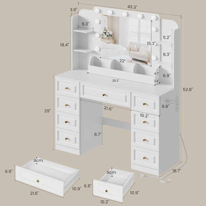White Premium Illuminated Makeup Vanity With Outlet