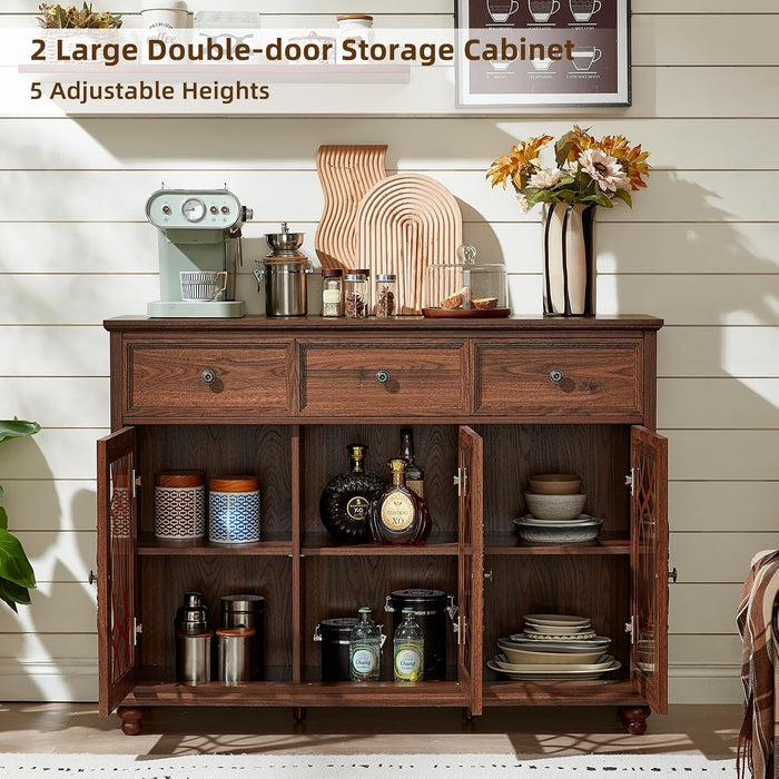 Farmhouse Sideboard Buffet Cabinet with Storage,48" Large Credenza with 3 Glass Doors & 3 Drawers,Adjustable Shelves Console Table,Wood Kitchen Coffee Bar for Dining Room,Living Room,Brown