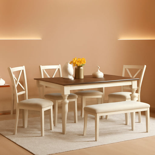 6-Piece Farmhouse Dining Table Set, 60” Solid Wood Table, 4 Upholstered Chairs and Bench, Rustic White and Walnut Finish, Seating for 6, for Kitchen or Dining Room