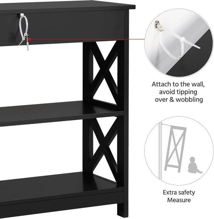 Console Table with Drawer, 39.5 Inch Narrow Sofa Table with Storage Shelves, 3-Tier Wood Entryway Table for Hallway/Living Room/Foyer, Black