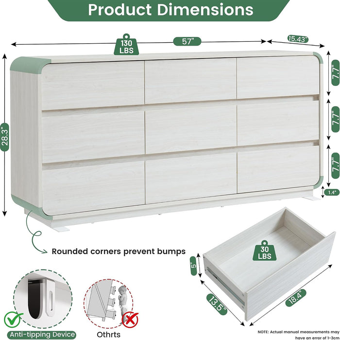 White Dressers of 9 Drawers, Chest Dresser with Deep Drawers, Modern Dresser Closet for Bedroom, Curved Drawer with Large Storage, 57'' Wide