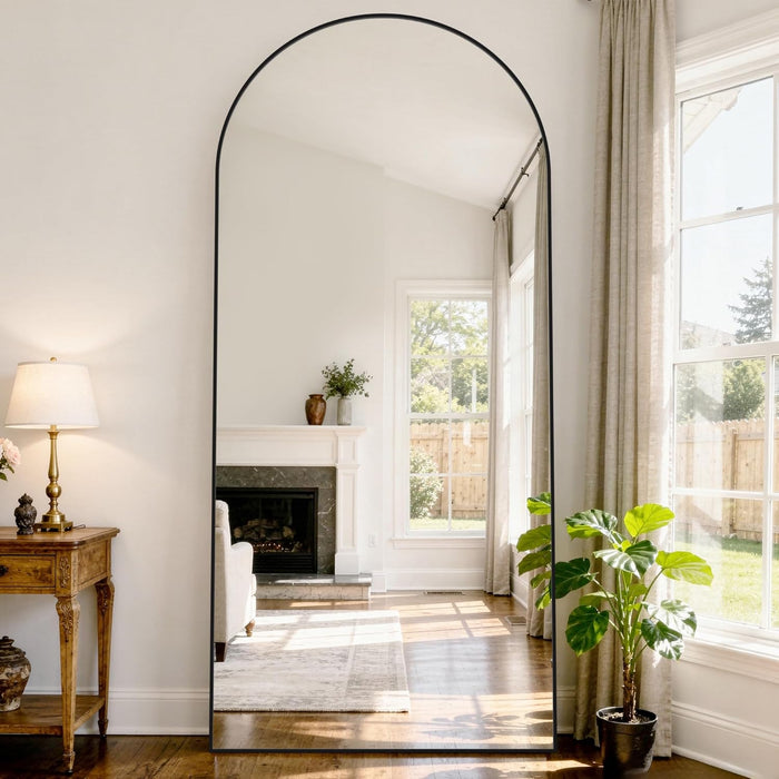 76"X34" Arched Full Length Mirror with Stand, Free Standing Leaning Wall Mounted Aluminum Alloy Frame Mirror for Bedroom Living Room Cloakroom, Black