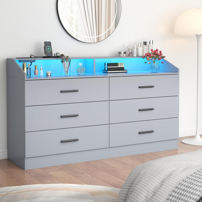 6 Drawer Dresser with Power Outlet, Chest of Drawer with LED Light, Modern Dresser with Open Storage Cubby, Double Wide Dressers Organizer for Bedroom, Living Room, Entryway, Hallway (Grey, 6 Drawers)