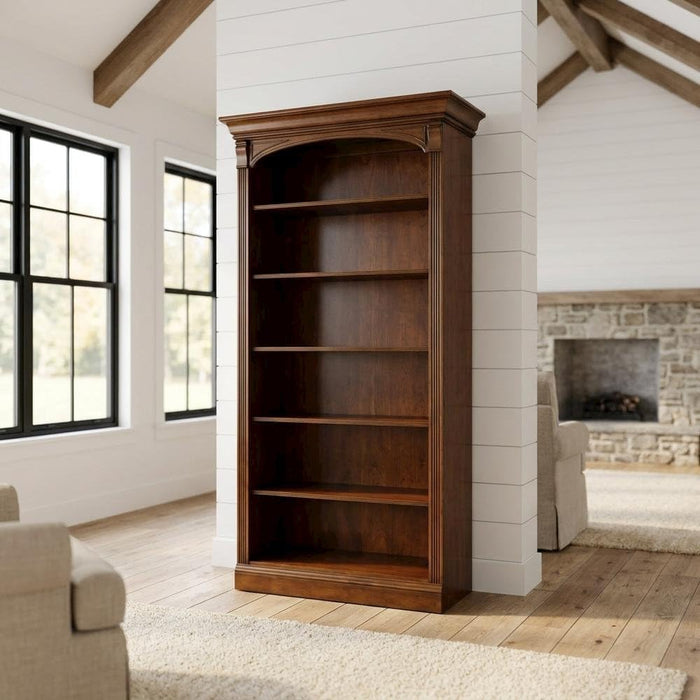 Cherry Veneer Bookcase with Distressed-Finish, Tall Open Bookshelf and Wood Shelves for Office or Bedroom Use, Brown