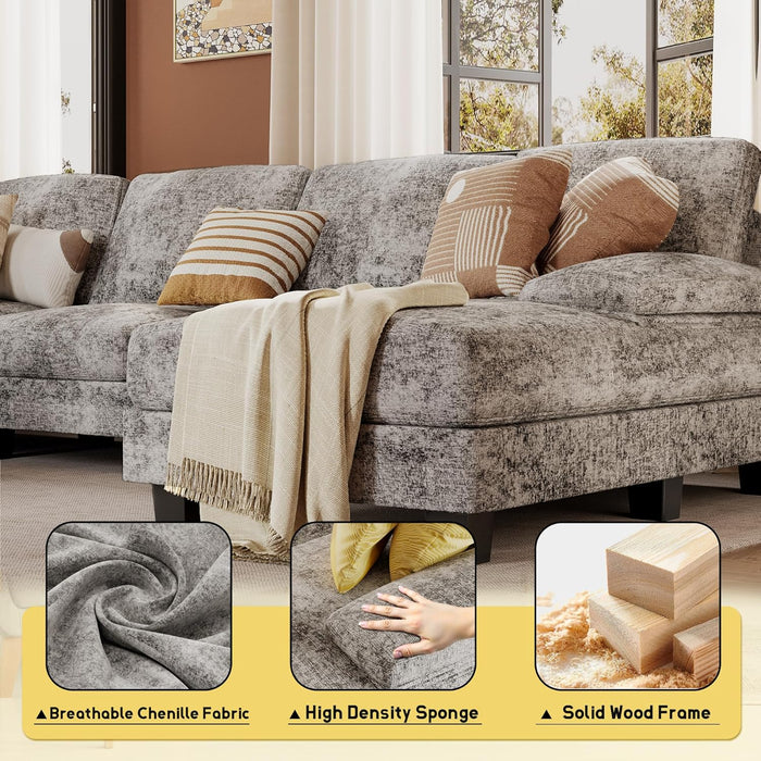Sectional Couches for Living Room, U Shaped Couch with Chenille Fabric, 4 Seat Modern Sofa with Removable Pillows for Apartment and Small Space (Fabric, Grey)