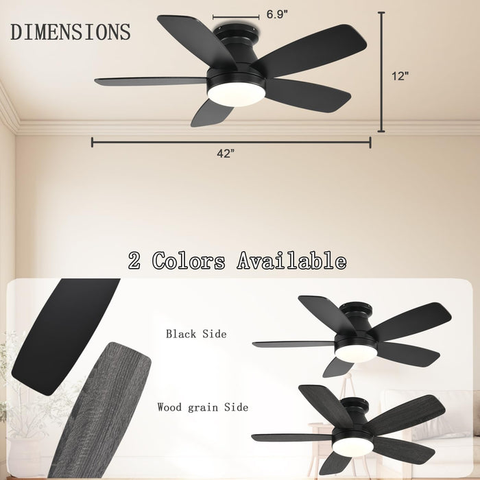 Ceiling Fans with Lights, 42 Inch Low Profile Ceiling Fan with Light and Remote/App Control, Flush Mount, Reversible, 3CCT, Dimmable, Noiseless, Black Ceiling Fan for Indoor/Outdoor Use