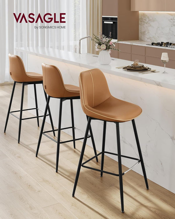 Bar Stools Set of 2, Bar Height Bar Stools with Back, Ergonomic Backrest, Synthetic Leather, Metal Legs, 28.7-Inch Tall Stools for Kitchen Island Home Bar, Caramel Brown ULBC888K01