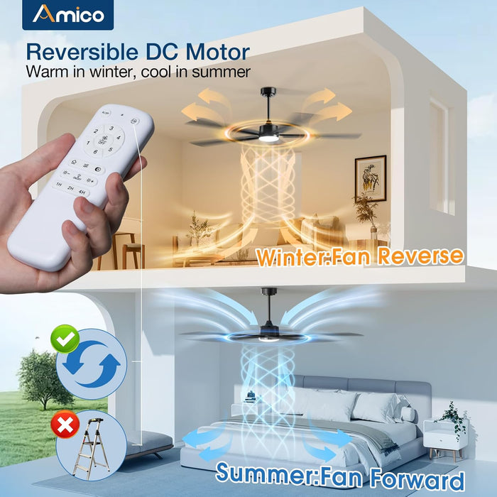 62 Inch Ceiling Fans with Lights and Remote, Black Indoor/Outdoor Ceiling Fan with 6 Speed, Reversible DC Motor, 3CCT, Dimmable, Noiseless Modern Ceiling Fan for Bedroom, Living Room, Patio