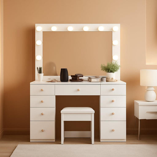 Makeup Vanity Desk with Large Lighted Mirror and 9 Drawers, Large Vanity Desk with Storage Rack, Hook, Crystal Handle, White Bedroom Dressing Table Set with Charging Station, Lights Adjustable