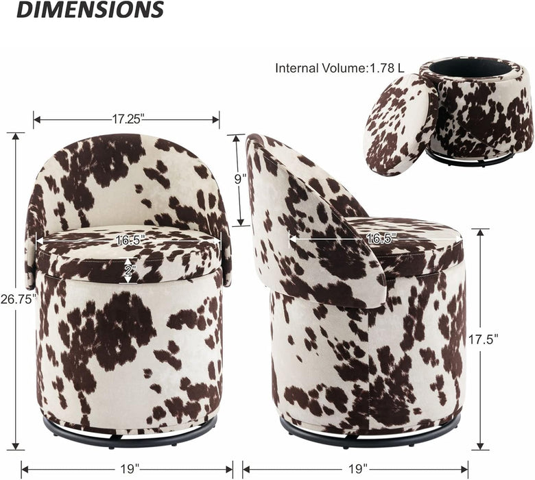 Modern round Swivel Vanity Storage Stool with Foldable Backrest, Linen Upholstered Ottoman with Removable Lid, Footrest Makeup Stool for Living Room Bedroom, Brown Milk Cow